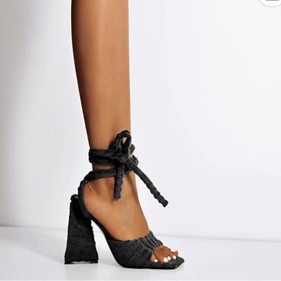 onlymaker Lace up Fashion Square Toe High Heeled Ankle Strap Chunky Mule Sandals - Picture 4 of 11